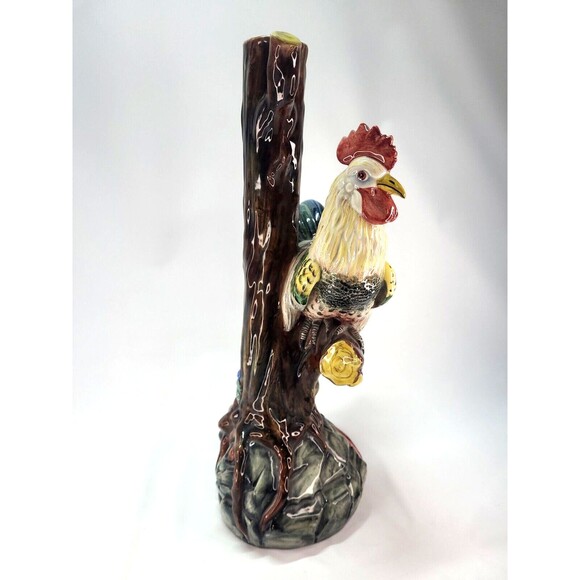 17" Italian Majolica Lamp Base Rooster & Tree Figurine Italy Hand Painted Signed - Picture 11 of 16